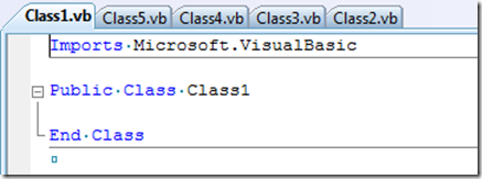 Class1.vb, Class5.vb, Class4.vb, Class3.vb, Class2.vb opened in Tab Channel