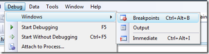Debug menu displaying Breakpoints command
