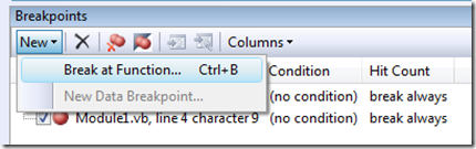 Breakpoints Window - Break at Function command