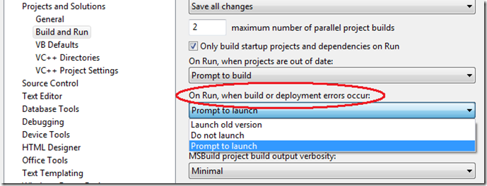 On Run, when build or deploymnet errors occur options