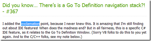 word "exclamation" selected in a blog post in the VS web browser