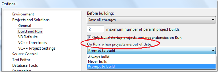 On Run, when projects are out of date options