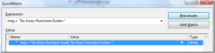 QuickWatch reevaluated expression