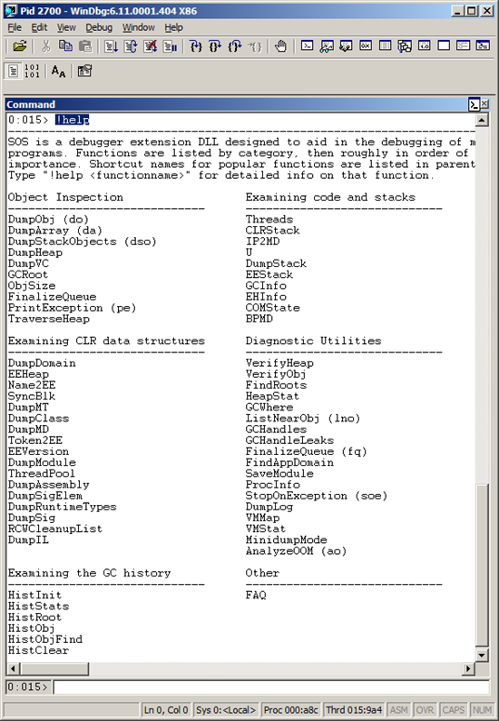 Windbg !help