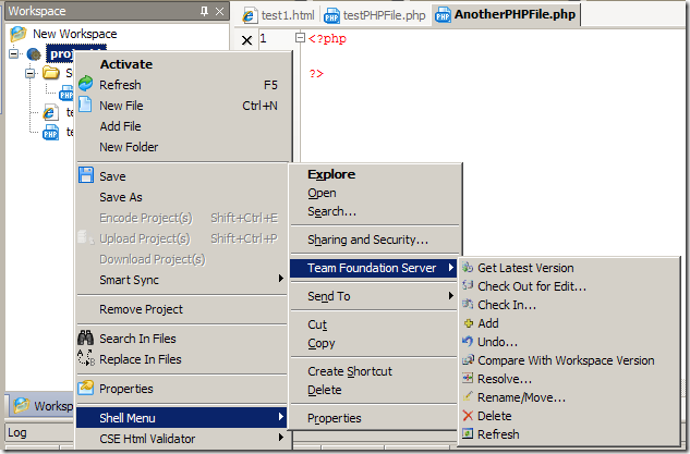 Accessing the TFS shell extension from PhpED