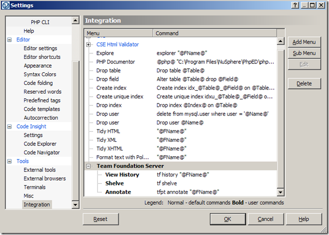 PhpED Settings - customized menus for TFS