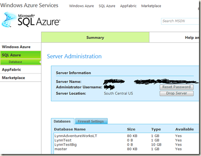 SQL Azure portal