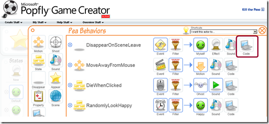 Behaviors in PopFly's Game Creator