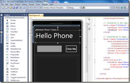 VS2010 Windows Phone controls and workspace