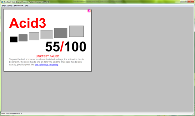 IE9平台预览版显示的Acid 3的得分是55/100
