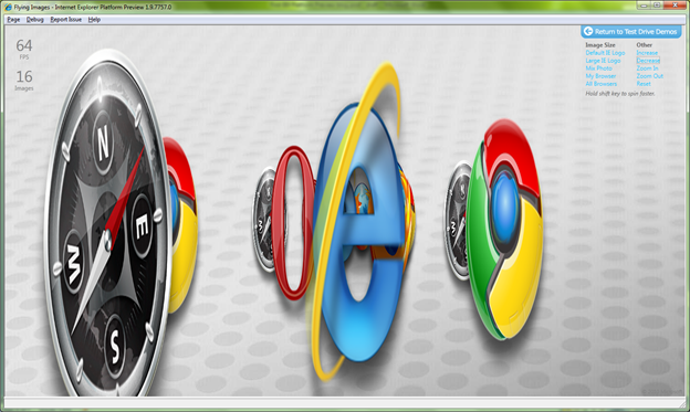 IE9平台预览版显示一个拥有旋转着的各种浏览器图标的页面。总共16张图片，IE以每秒钟64桢的速度在显示。