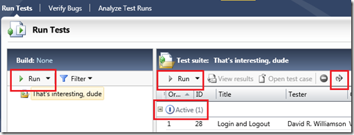 Active tests, where to start a run, and where to Reset