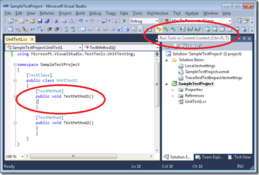 About to "Run Tests in Current Context". Only TestMethod1 should be executed.