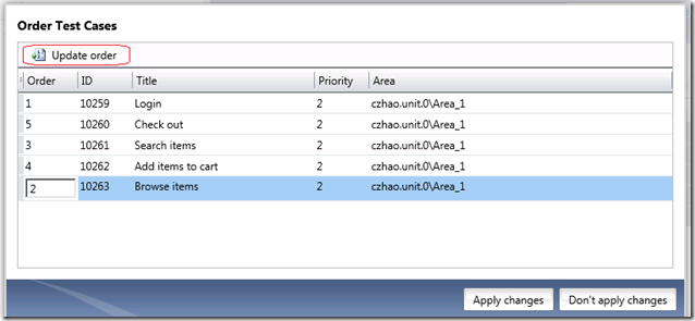 Order Test Cases dialog