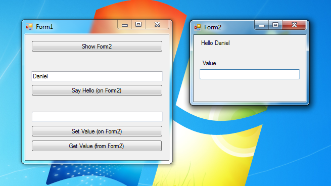 How do I exchange data between two forms of a Windows Forms application? 