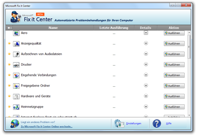 Microsoft Fix it Center - Automatisierte Problembehandlungen für Ihren Computer