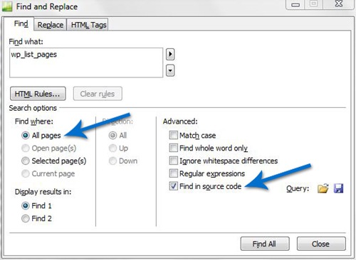 "All pages" and "Find in source code" options in the Find and Replace dialog box in Expression Web