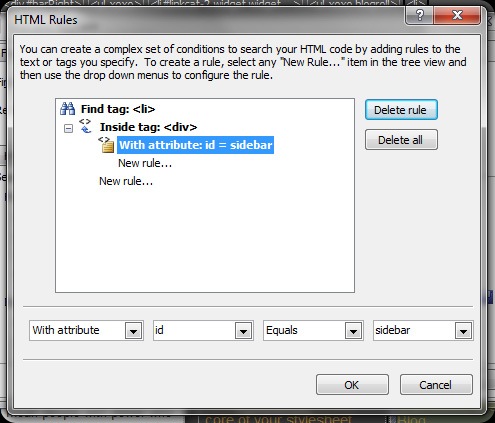 Settings in HTML Rules dialog box