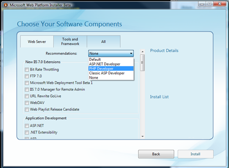 Recommendations in the Microsoft Web Platform Installer Beta dialog box