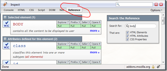 FireScope reference panel in Firebug in Firefox