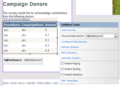 GridView control in the Design view of a page in Expression Web 3