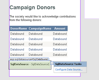 Design view of a SQLDataSource control in a page in Expression Web 3