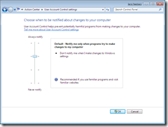 настройка по умолчанию UAC Windows 7
