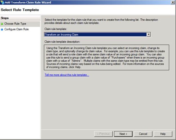 Figure 4 – Selecting a claim rule template to transform a claim