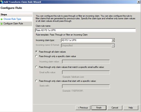 Figure 9 - Configuring a claim rule to pass through the value of the AD FS 1.x UPN claim type