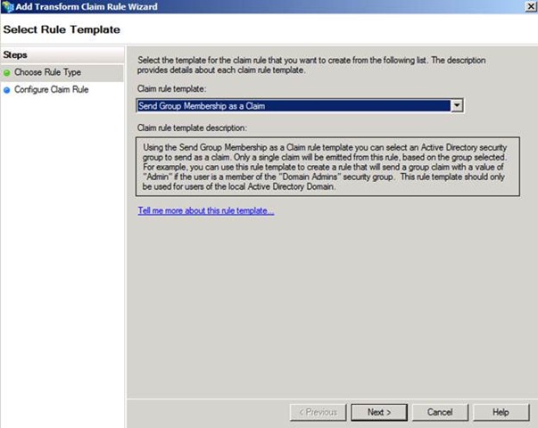 Figure 11 – Selecting the claim rule template to send a claim based on group membership