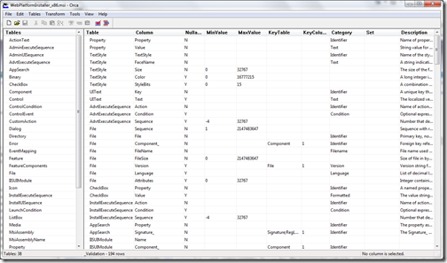 Loaded *.msi file with orca.exe - display of windows installer database