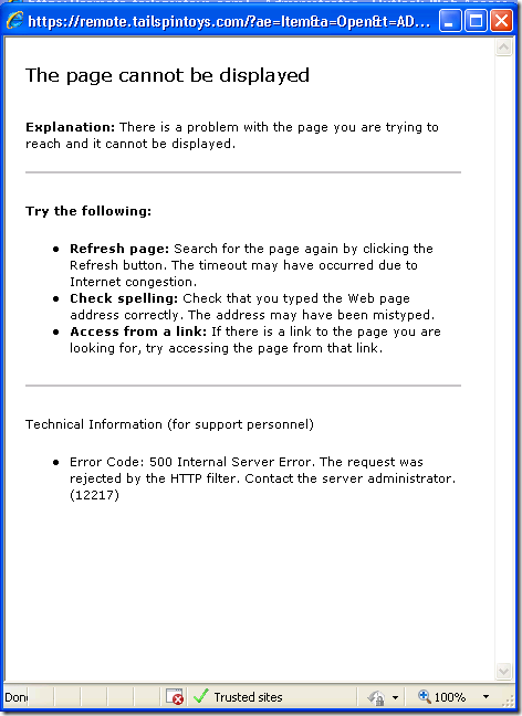 Error Code: 500 Internal Server Error. The request was rejected by the HTTP filter. Contact the server administrator. (12217) 