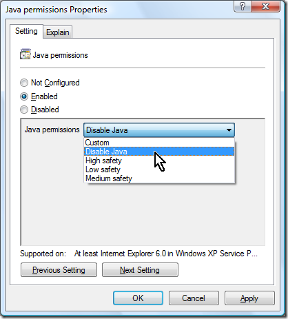 Java Permissions properties dialog