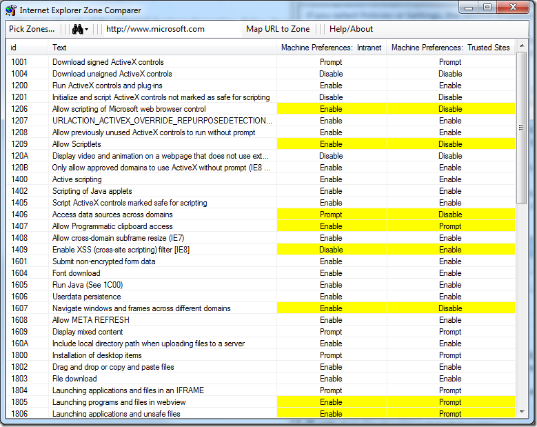 IE Zone Comparer screenshot