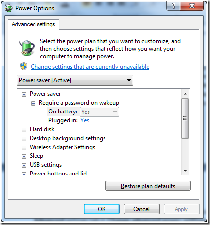 Windows 7 Power Options