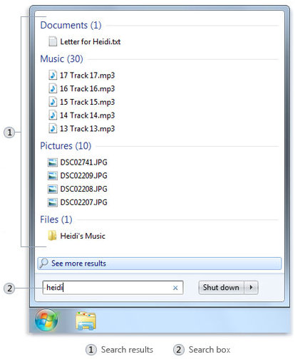 Start menu search results