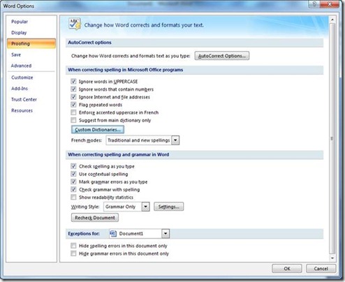 Proofing Options in Word