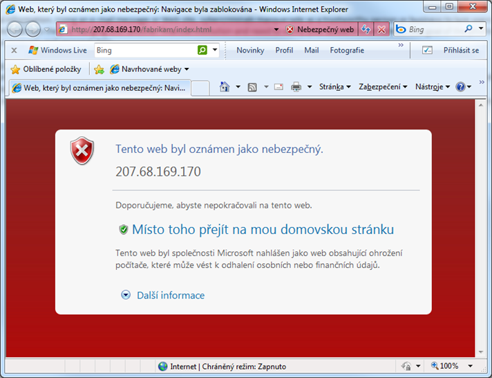 Upozornění při návštěvě nebezpečného webu