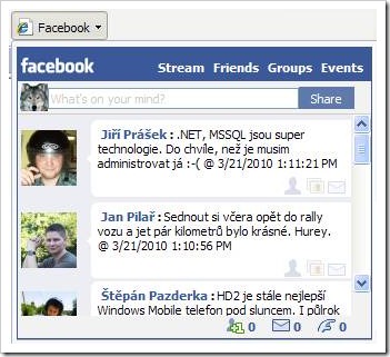 Oblast Web Slice Facebook zobrazuje nedávné aktualizace stavů.
