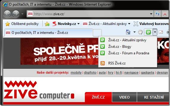 Práce s RSS kanály v aplikaci IE 8