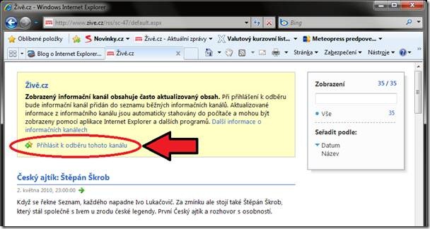 Práce s RSS kanály v aplikaci IE 8