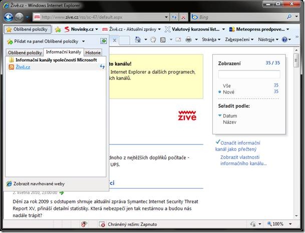 Práce s RSS kanály v aplikaci IE 8