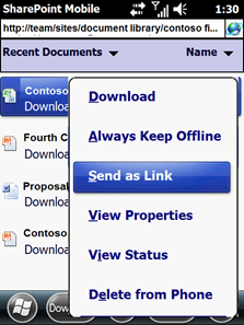 Screenshot of send as link functionality in Mobile UI