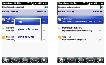 Снимок экрана с прикрепленными ссылками SharePoint Mobile