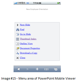 PowerPoint Mobile Viewer のメニュー領域のスクリーンショット