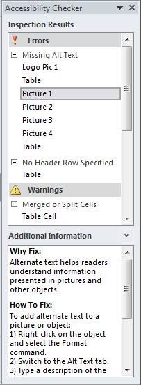 Screenshot of the document accessibility checker UI (as described in text in the blog post).