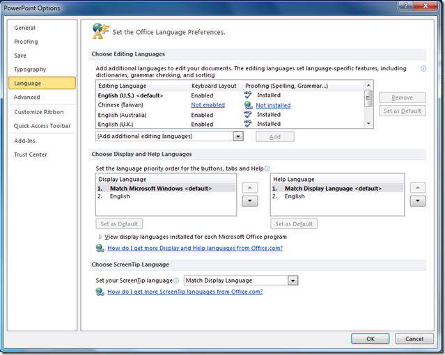 Office 2010 Language Preferences in the PowerPoint Options