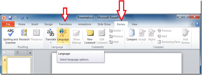 The Language Button can be found in the Review Tab