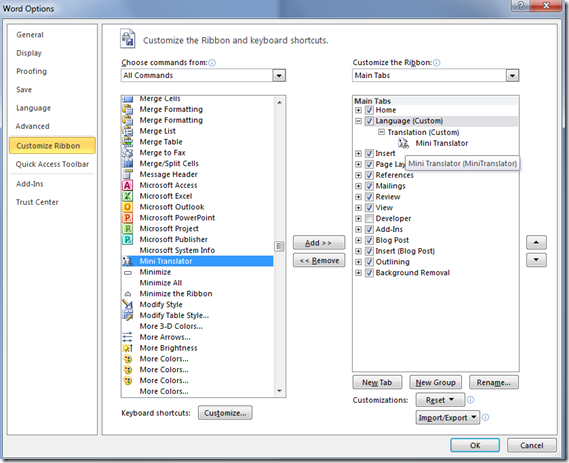 Add Mini Translator command to the customized Ribbon tab