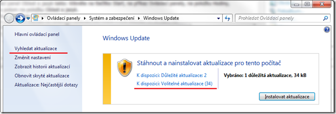 Vyhledání volitelných aktualizací